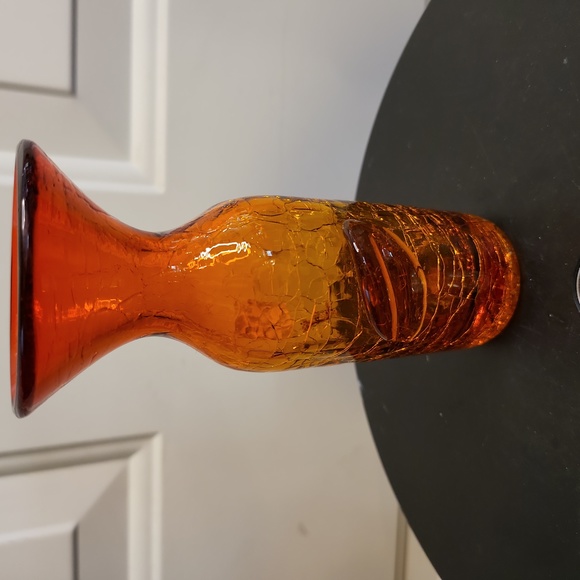 BLENKO Other - Blenko Crackle Amber Vase with Applied Leaf 5.25"
